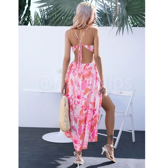 Pink Floral Cut Out Dress Maxi Leg Slit Tie Back - Picture 3 of 9